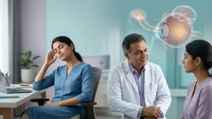 Person experiencing dry eye discomfort and emotional stress, illustrating the potential connection between persistent eye symptoms and mental well-being.