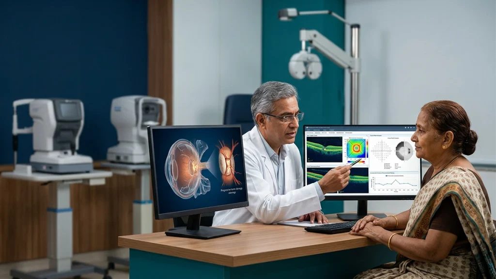 Eye specialist examining a patient for glaucoma, highlighting eye pressure testing, diagnosis, symptoms, and treatment options.