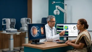 Eye specialist examining a patient for glaucoma, highlighting eye pressure testing, diagnosis, symptoms, and treatment options.