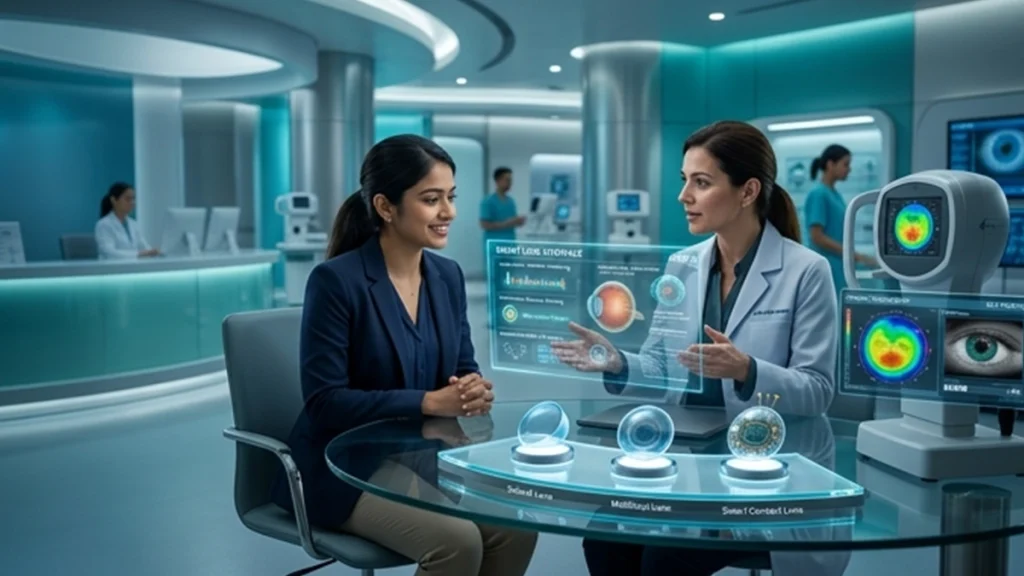 Advanced smart contact lens technology illustrating innovative lenses designed for vision correction, eye health monitoring, and improved visual comfort.