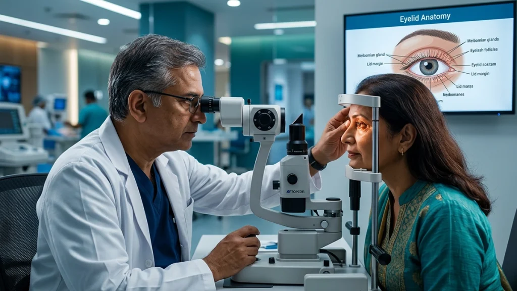 Person with blepharitis experiencing red, swollen eyelids and irritation, highlighting symptoms, causes, diagnosis, and treatment options.