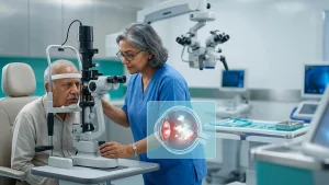 Eye specialist examining a patient for endophthalmitis, a serious eye infection requiring urgent diagnosis and emergency treatment.