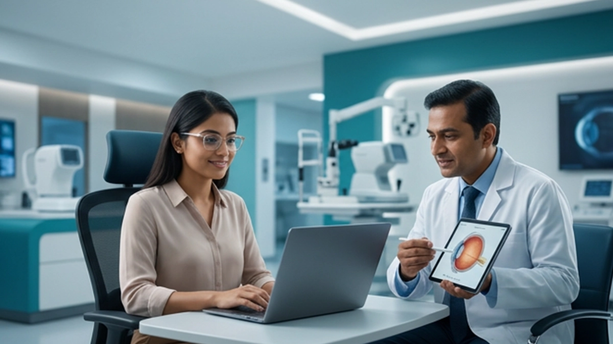Patient using a computer after LASIK surgery while following recommended screen-time and eye-care practices during recovery.