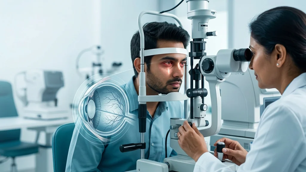 Person with persistent red eyes during an eye examination, highlighting common causes and warning signs that require medical attention.