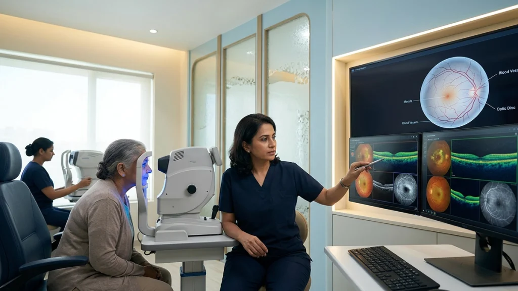 Eye specialist performing retinal imaging and eye tests to diagnose retinopathy and detect early retinal damage.