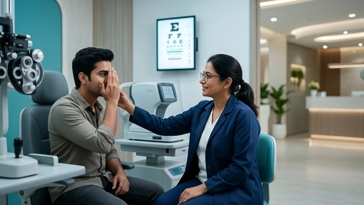 Eye chart showing 20/20 vision during a visual acuity test, explaining normal eyesight and common myths about vision health.