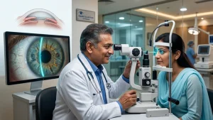 Eye specialist examining a patient for Iridocorneal Endothelial Syndrome, highlighting corneal, iris, and glaucoma-related changes.
