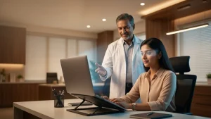 Person using a computer with comfortable ambient lighting to reduce glare, digital eye strain, and eye fatigue.