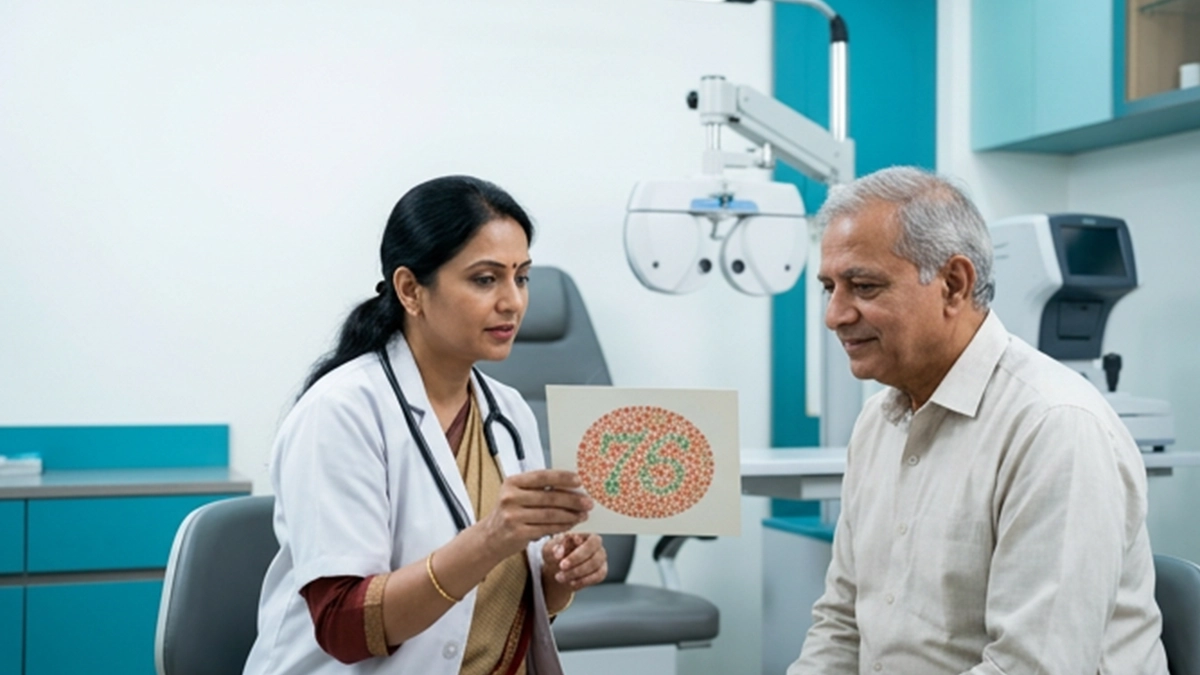 Eye specialist performing a colour vision test using colour plates to assess colour perception and identify possible colour vision deficiency.