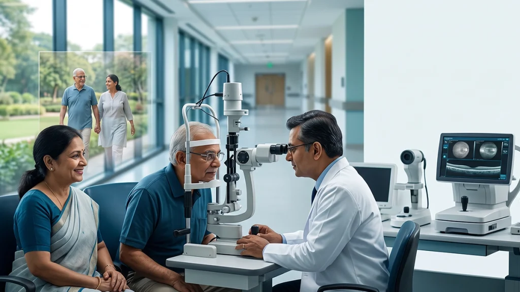 Older adult having a comprehensive eye examination while learning about healthy habits and ways to protect vision after age 50.