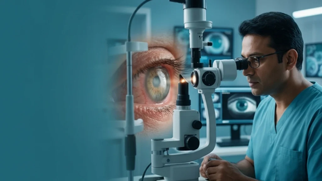 Eye specialist examining a patient with fungal keratitis to assess corneal infection, symptoms, and treatment needs.