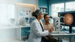 Eye specialist explaining how diabetes, high blood pressure, and cholesterol may affect eye health and vision during an eye examination.