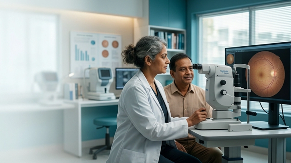 Eye specialist explaining how diabetes, high blood pressure, and cholesterol may affect eye health and vision during an eye examination.
