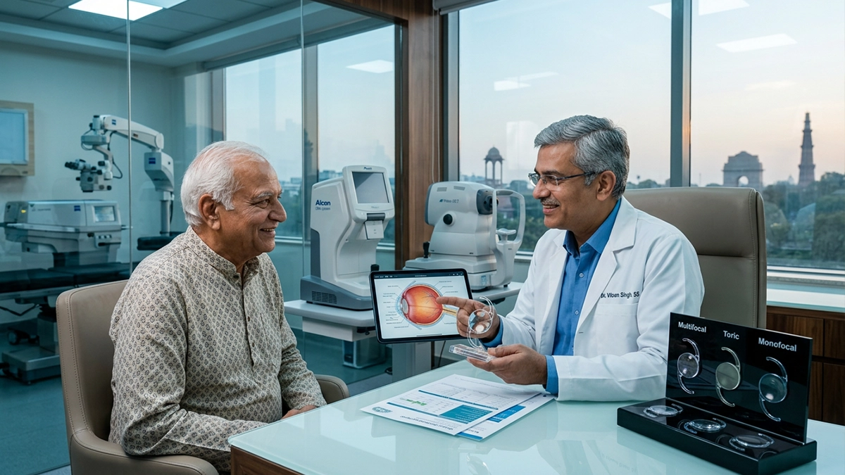 Cataract specialist discussing surgery, lens options, treatment cost, eligibility, and recovery with a patient in Delhi.