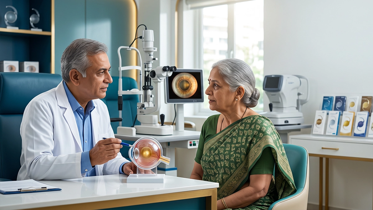 Eye specialist examining a patient for nuclear cataract, assessing lens changes, vision symptoms, progression, and treatment options.