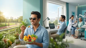 Person following healthy lifestyle habits including nutritious food, exercise, UV protection, screen breaks, and regular eye checkups.