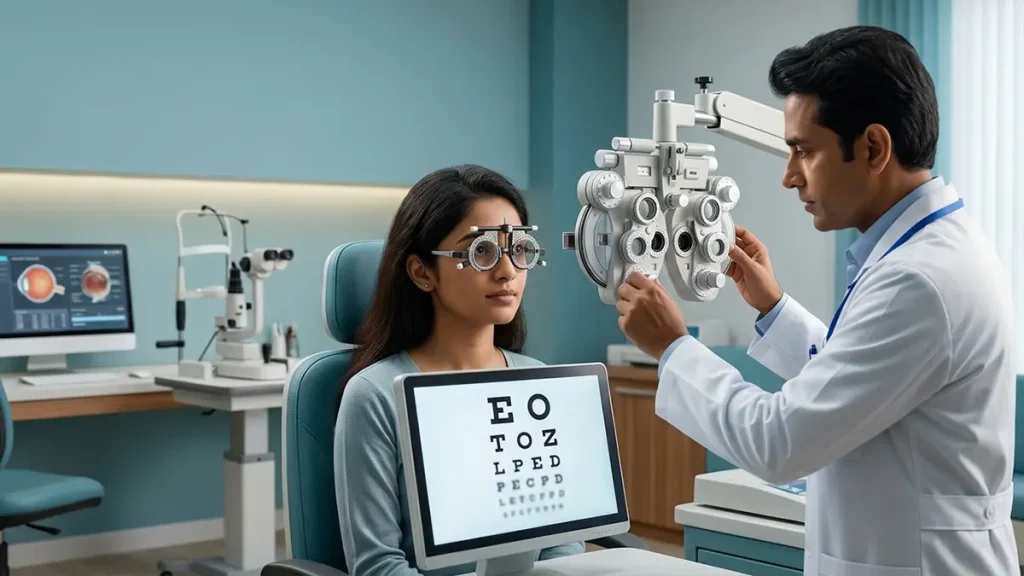 Eye specialist checking a patient's visual acuity to explain 6/9 vision, its causes, meaning, and possible correction options.