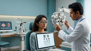 Eye specialist checking a patient's visual acuity to explain 6/9 vision, its causes, meaning, and possible correction options.