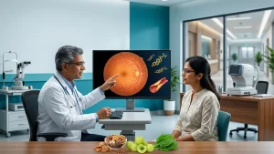 Eye specialist examining a patient to assess possible vision changes linked to high cholesterol and blood vessel-related eye problems.