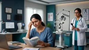 Person experiencing headache and blurry vision while an eye specialist examines the eyes to identify possible causes and warning signs.