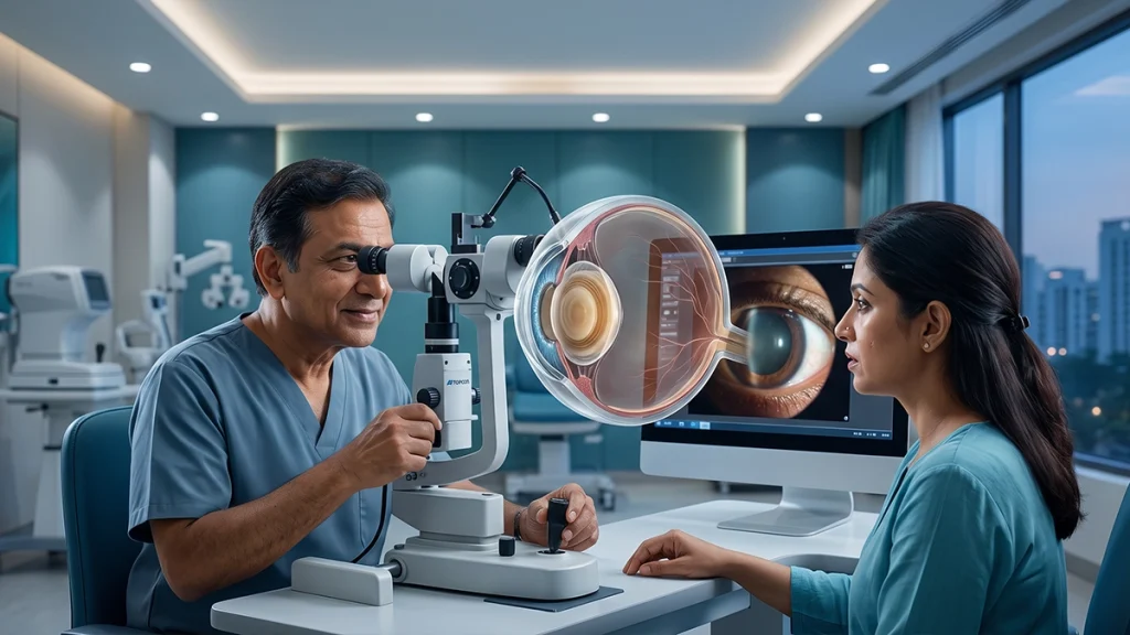 Eye specialist examining a patient for lamellar cataract, assessing lens changes, vision symptoms, diagnosis, and treatment options.