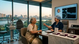 Cataract specialist discussing surgery, lens options, treatment cost, eligibility, and recovery with a patient in Ahmedabad.