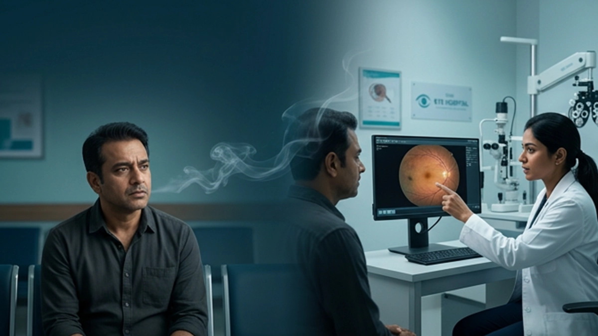 Person smoking while an eye specialist explains how tobacco exposure may affect eye health, vision, cataracts, and retinal health.