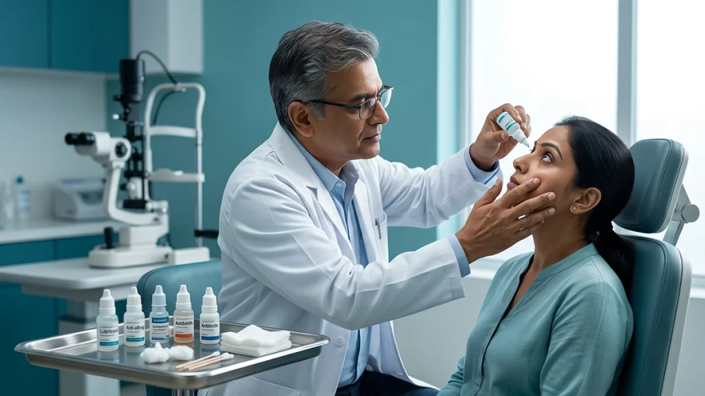 Person safely applying eye drops while learning about different types, their uses, and proper eye drop application techniques.