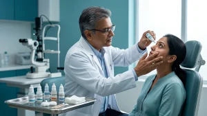 Person safely applying eye drops while learning about different types, their uses, and proper eye drop application techniques.