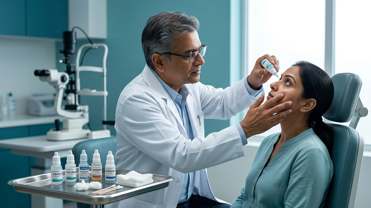 Person safely applying eye drops while learning about different types, their uses, and proper eye drop application techniques.