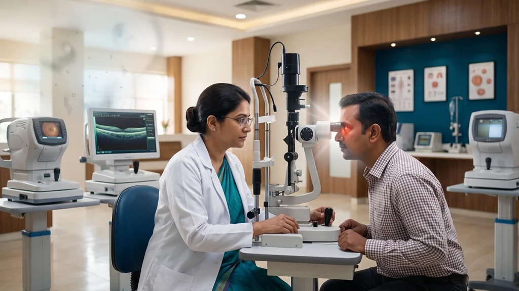Person experiencing eye symptoms while an eye specialist checks for warning signs that may require an immediate eye checkup.