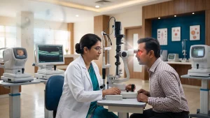 Person experiencing eye symptoms while an eye specialist checks for warning signs that may require an immediate eye checkup.