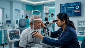 Eye specialist examining a patient for malignant glaucoma, assessing eye pressure, vision changes, symptoms, and urgent treatment needs.