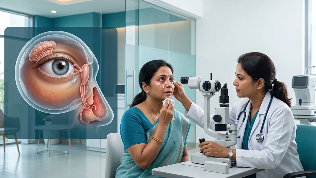 Eye specialist examining a patient with excessive tearing to identify possible lacrimal disorders and discuss treatment options.