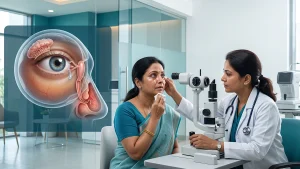 Eye specialist examining a patient with excessive tearing to identify possible lacrimal disorders and discuss treatment options.
