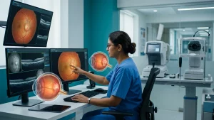 Eye specialist examining the optic nerve to assess papilledema, optic disc swelling, possible causes, and treatment needs.