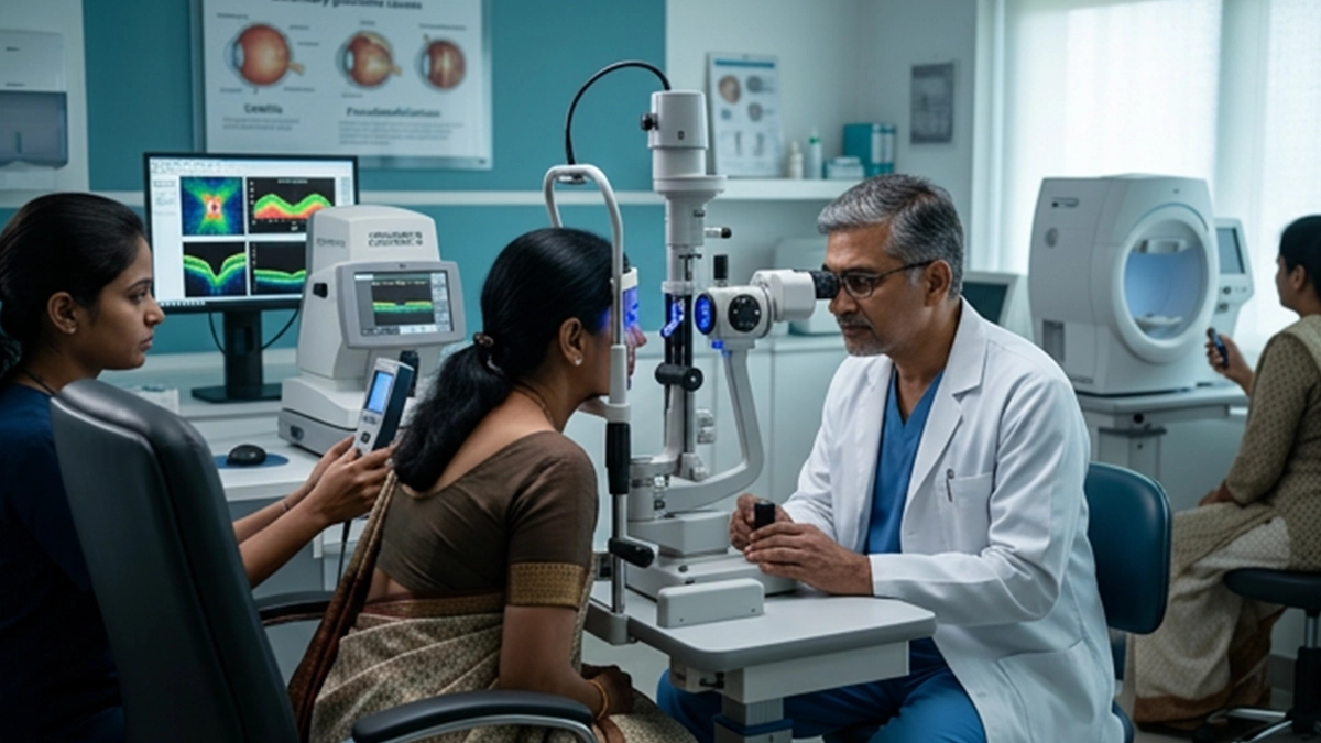 Eye specialist examining a patient for secondary glaucoma, assessing eye pressure, optic nerve health, symptoms, and possible underlying causes.