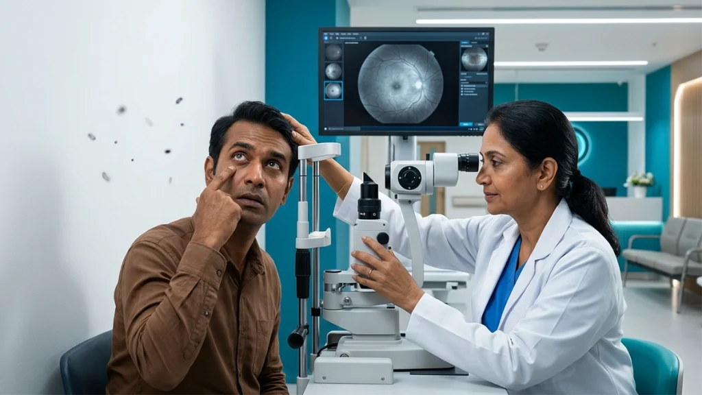 Person noticing black dots and floaters in vision while an eye specialist examines the eyes for possible retinal problems.