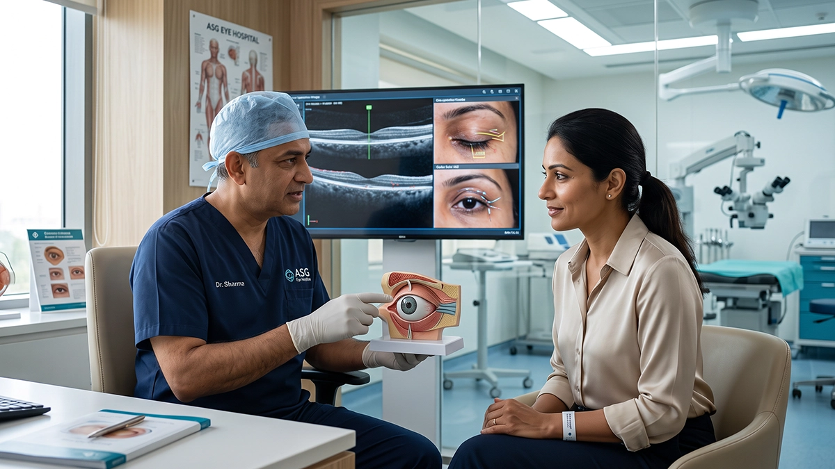 Eye specialist discussing canthoplasty surgery, including its uses, procedure, recovery, eligibility, and potential risks with a patient.