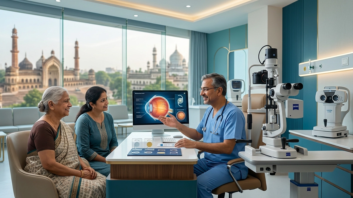 Cataract specialist discussing surgery, lens options, treatment cost, eligibility, and recovery with a patient in Lucknow.