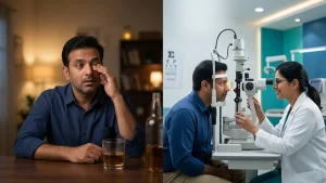 Person experiencing vision changes after alcohol use while an eye specialist explains possible effects on eyesight and eye health.