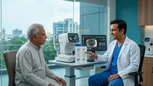 Cataract specialist discussing surgery, lens options, treatment cost, eligibility, and recovery with a patient in Indore.