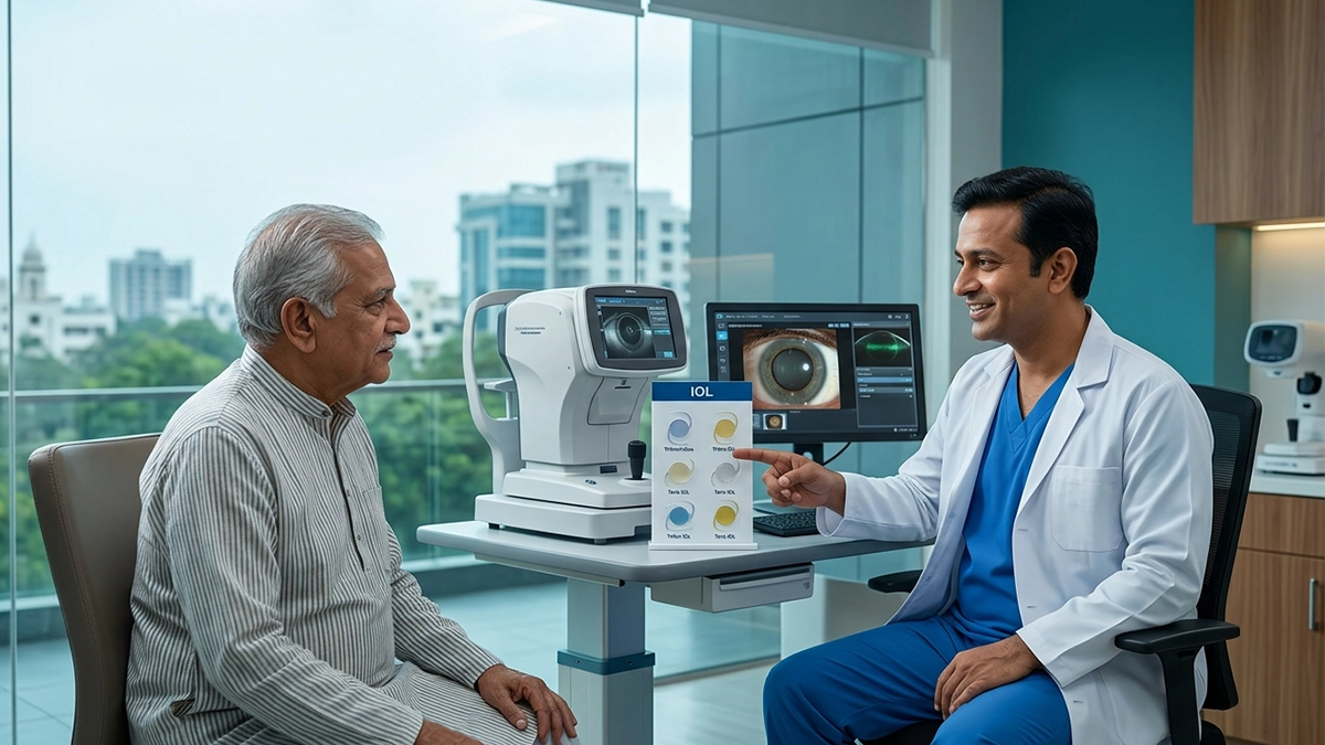 Cataract specialist discussing surgery, lens options, treatment cost, eligibility, and recovery with a patient in Indore.