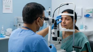 Eye specialist examining a patient with possible shingles affecting the eye, checking for redness, pain, rash, and vision changes.
