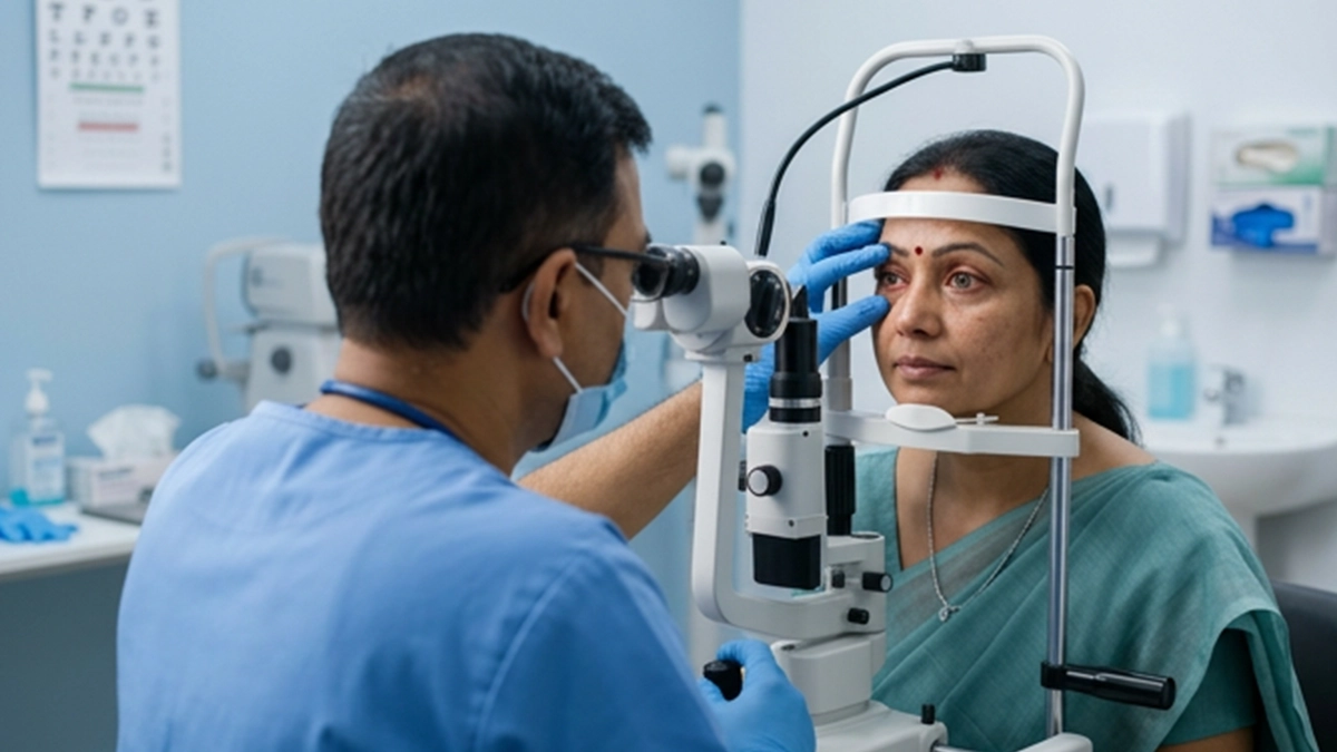 Eye specialist examining a patient with possible shingles affecting the eye, checking for redness, pain, rash, and vision changes.
