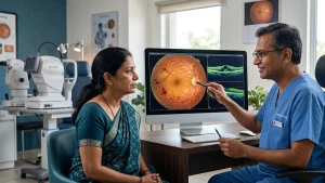 Eye specialist examining the retina for proliferative diabetic retinopathy and explaining symptoms, diagnosis, treatment, and vision risks.
