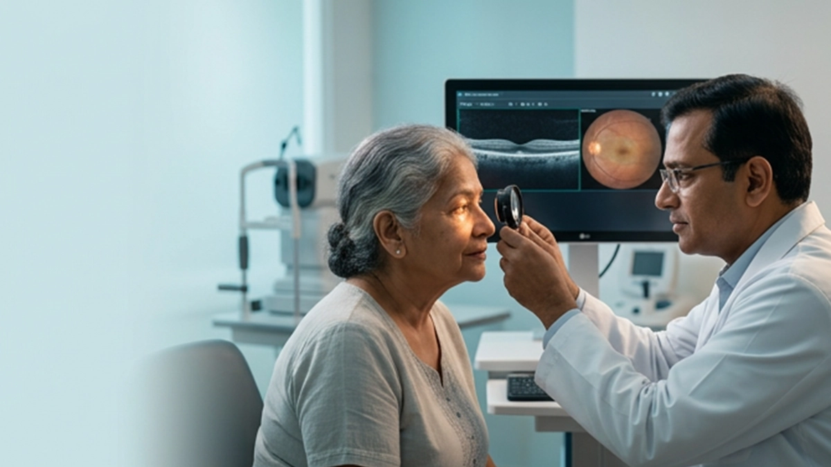 Eye specialist examining the retina for signs of retinal degeneration using advanced retinal imaging and diagnostic eye tests.