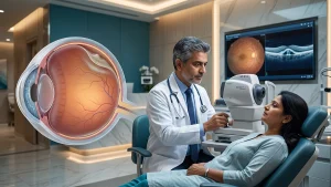 Eye specialist examining the retina for exudative retinal detachment and assessing symptoms, causes, fluid buildup, and treatment options.