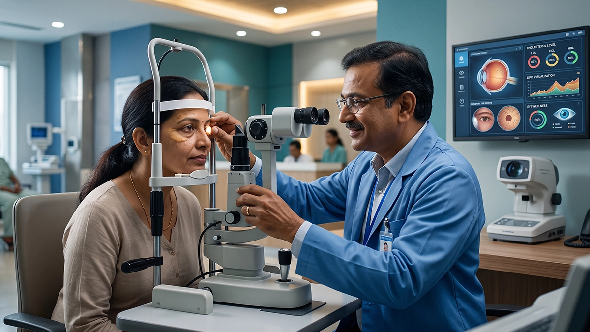 Person with visible cholesterol deposits around the eyes while an eye specialist explains xanthelasma, causes, risk factors, and treatment options.