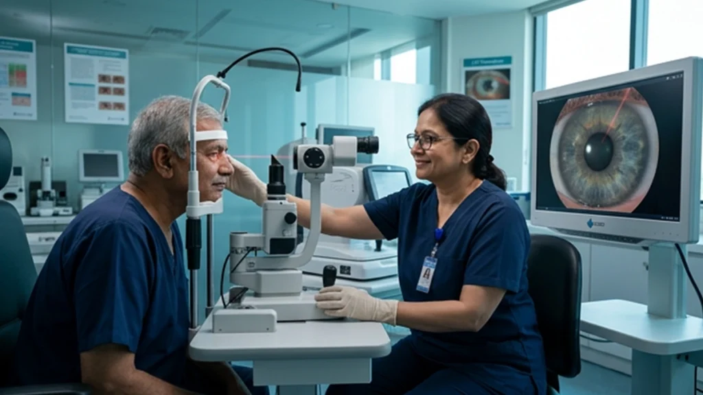 Eye specialist performing YAG laser peripheral iridotomy to create an opening in the iris and help improve aqueous fluid flow.